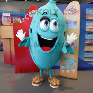 Turquoise Clam Chowder mascot costume character dressed with a Board Shorts and Tie pins