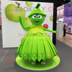 Lime Green Apple mascot costume character dressed with a Pleated Skirt and Necklaces
