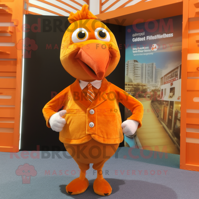 Orange Turkey mascot costume character dressed with a Trousers and Lapel pins Orange Turkey mascot costume character dressed with a Trousers and Lapel pins