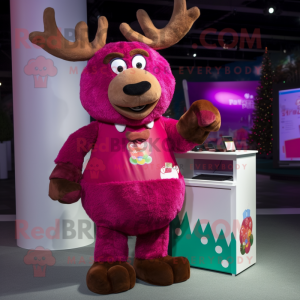 Magenta Reindeer mascot costume character dressed with a Cardigan and Coin purses