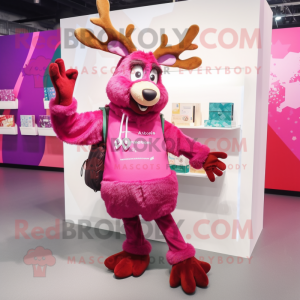 Magenta Reindeer mascot costume character dressed with a Cardigan and Coin purses