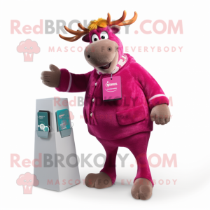 Magenta Reindeer mascot costume character dressed with a Cardigan and Coin purses