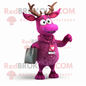 Magenta Reindeer mascot costume character dressed with a Cardigan and Coin purses