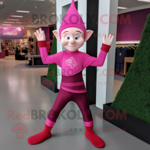 Magenta Elf mascot costume character dressed with a Yoga Pants and Gloves