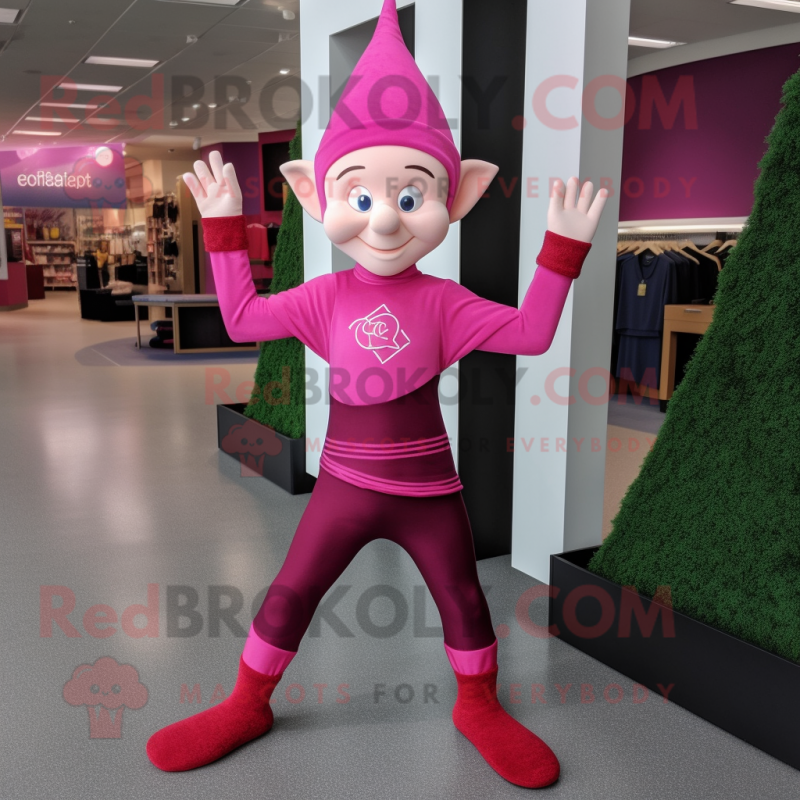 Magenta Elf mascot costume character dressed with a Yoga Pants and Gloves