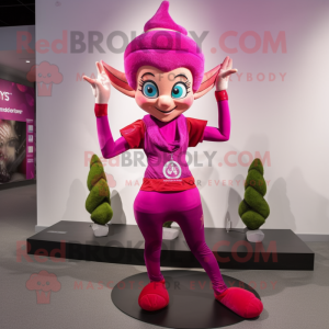 Magenta Elf mascot costume character dressed with a Yoga Pants and Gloves
