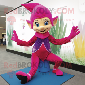 Magenta Elf mascot costume character dressed with a Yoga Pants and Gloves