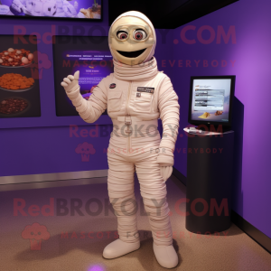 Lavender Mummy mascot costume character dressed with a Jumpsuit and Digital watches