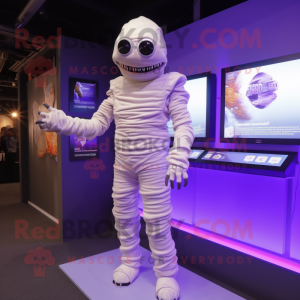 Lavender Mummy mascot costume character dressed with a Jumpsuit and Digital watches