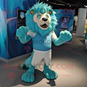 Teal Tamer Lion mascot costume character dressed with a Tank Top and Foot pads