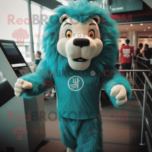 Teal Tamer Lion mascot costume character dressed with a Tank Top and Foot pads