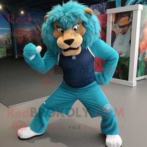 Teal Tamer Lion mascot costume character dressed with a Tank Top and Foot pads