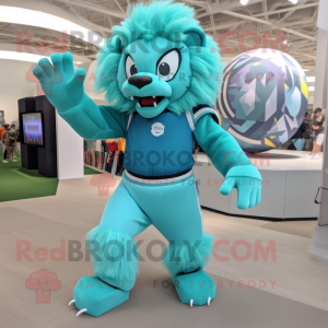 Teal Tamer Lion mascot costume character dressed with a Tank Top and Foot pads