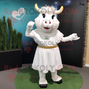 White Hereford Cow mascot costume character dressed with a Pencil Skirt and Rings