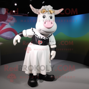 White Hereford Cow mascot costume character dressed with a Pencil Skirt and Rings