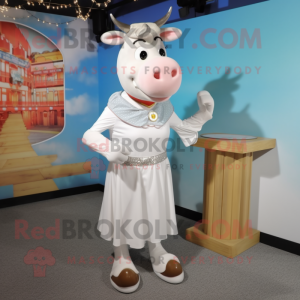 White Hereford Cow mascot costume character dressed with a Pencil Skirt and Rings