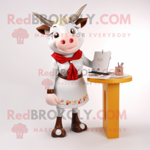 White Hereford Cow mascot costume character dressed with a Pencil Skirt and Rings