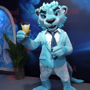 Cyan Smilodon mascot costume character dressed with a Cocktail Dress and Pocket squares