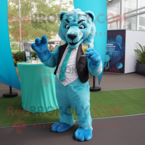 Cyan Smilodon mascot costume character dressed with a Cocktail Dress and Pocket squares