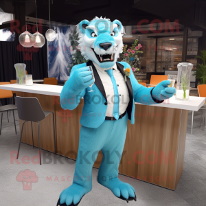 Cyan Smilodon mascot costume character dressed with a Cocktail Dress and Pocket squares