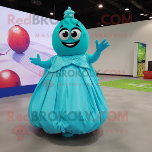 Cyan Pad Thai mascot costume character dressed with a Ball Gown and Foot pads