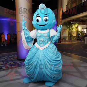 Cyan Pad Thai mascot costume character dressed with a Ball Gown and Foot pads