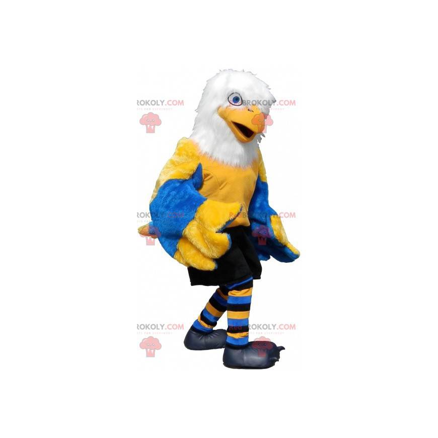 Mascot pájaro amarillo, blanco y azul en ropa deportiva -