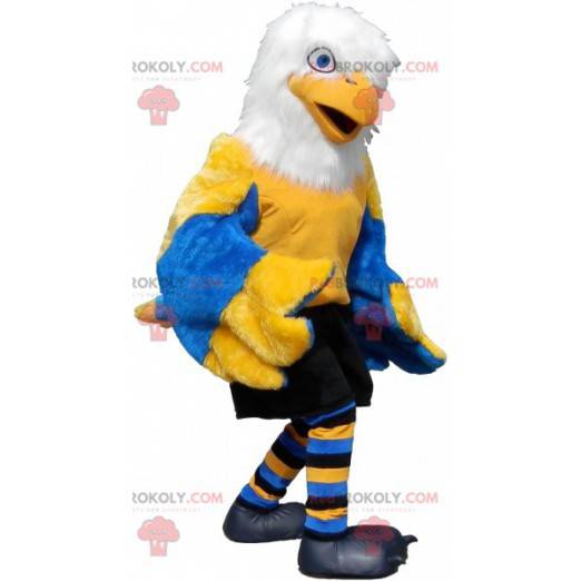 Mascot pájaro amarillo, blanco y azul en ropa deportiva -