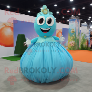 Cyan Pad Thai mascot costume character dressed with a Ball Gown and Foot pads