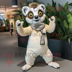 Cream Lemur mascot costume character dressed with a Chinos and Earrings