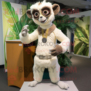 Cream Lemur mascot costume character dressed with a Chinos and Earrings