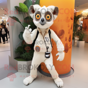 Cream Lemur mascot costume character dressed with a Chinos and Earrings