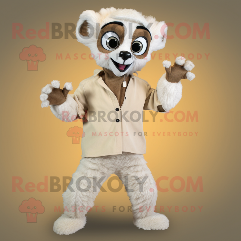 Cream Lemur mascot costume character dressed with a Chinos and Earrings Cream Lemur mascot costume character dressed with a Chinos and Earrings