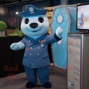 Cyan Navy Seal mascot costume character dressed with a Poplin Shirt and Hairpins