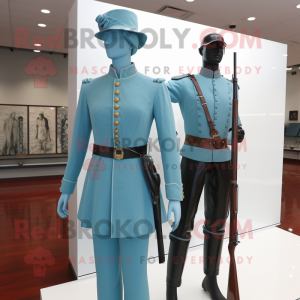 Cyan Civil War Soldier mascot costume character dressed with a Sheath Dress and Cummerbunds