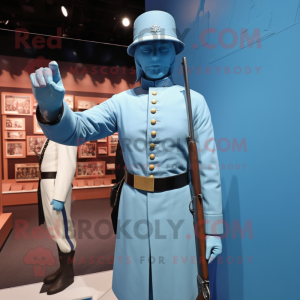 Cyan Civil War Soldier mascot costume character dressed with a Sheath Dress and Cummerbunds