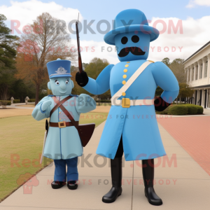 Cyan Civil War Soldier mascot costume character dressed with a Sheath Dress and Cummerbunds