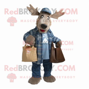 nan Moose mascot costume character dressed with a Denim Shirt and Tote bags