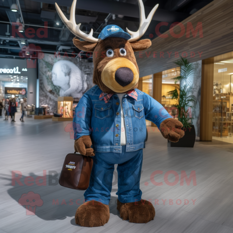 nan Moose mascot costume character dressed with a Denim Shirt and Tote bags