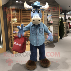 nan Moose mascot costume character dressed with a Denim Shirt and Tote bags
