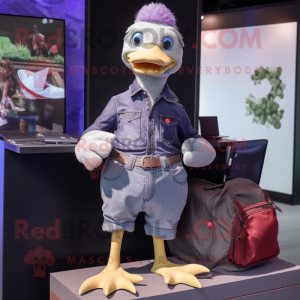 Lavender Muscovy Duck mascot costume character dressed with a Jeans and Belts