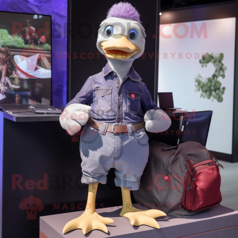 Lavender Muscovy Duck mascot costume character dressed with a Jeans and Belts Lavender Muscovy Duck mascot costume character dressed with a Jeans and Belts