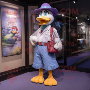 Lavender Muscovy Duck mascot costume character dressed with a Jeans and Belts