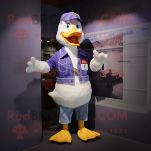 Lavender Muscovy Duck mascot costume character dressed with a Jeans and Belts