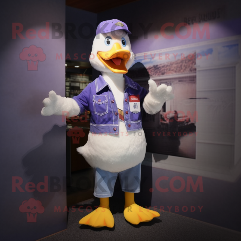 Lavender Muscovy Duck mascot costume character dressed with a Jeans and Belts