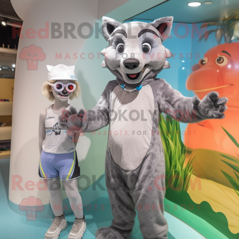 Silver Hyena mascot costume character dressed with a One-Piece Swimsuit and Caps