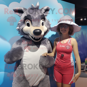 Silver Hyena mascot costume character dressed with a One-Piece Swimsuit and Caps