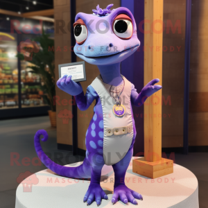 Lavender Geckos mascot costume character dressed with a A-Line Dress and Wallets