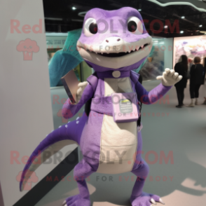 Lavender Geckos mascot costume character dressed with a A-Line Dress and Wallets