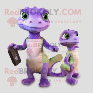 Lavender Geckos mascot costume character dressed with a A-Line Dress and Wallets